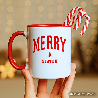 Merry Sister Retro Christmas Personalized Mug, Matching Family Holiday Gift with Custom Name