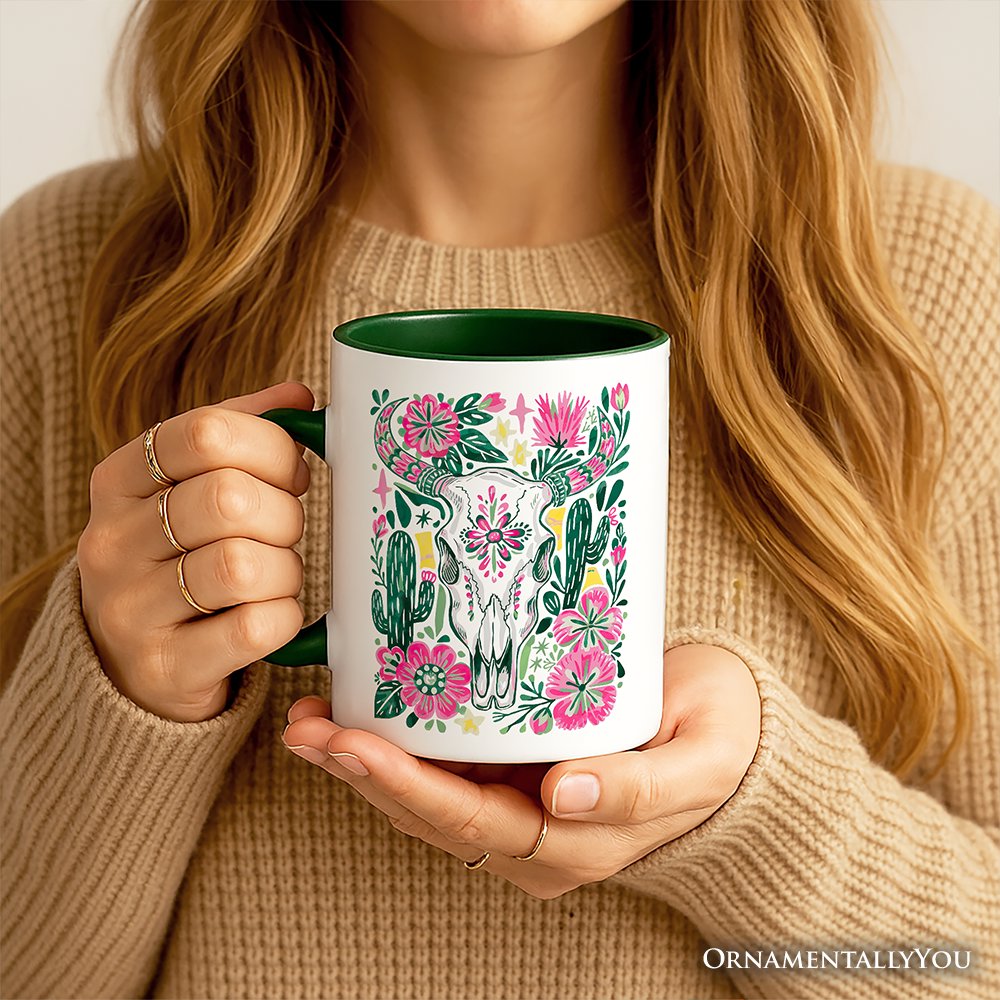 Western Floral Cow Skull Personalized Mug, Boho Cowgirl Wildflower Cactus Gift with Custom Name