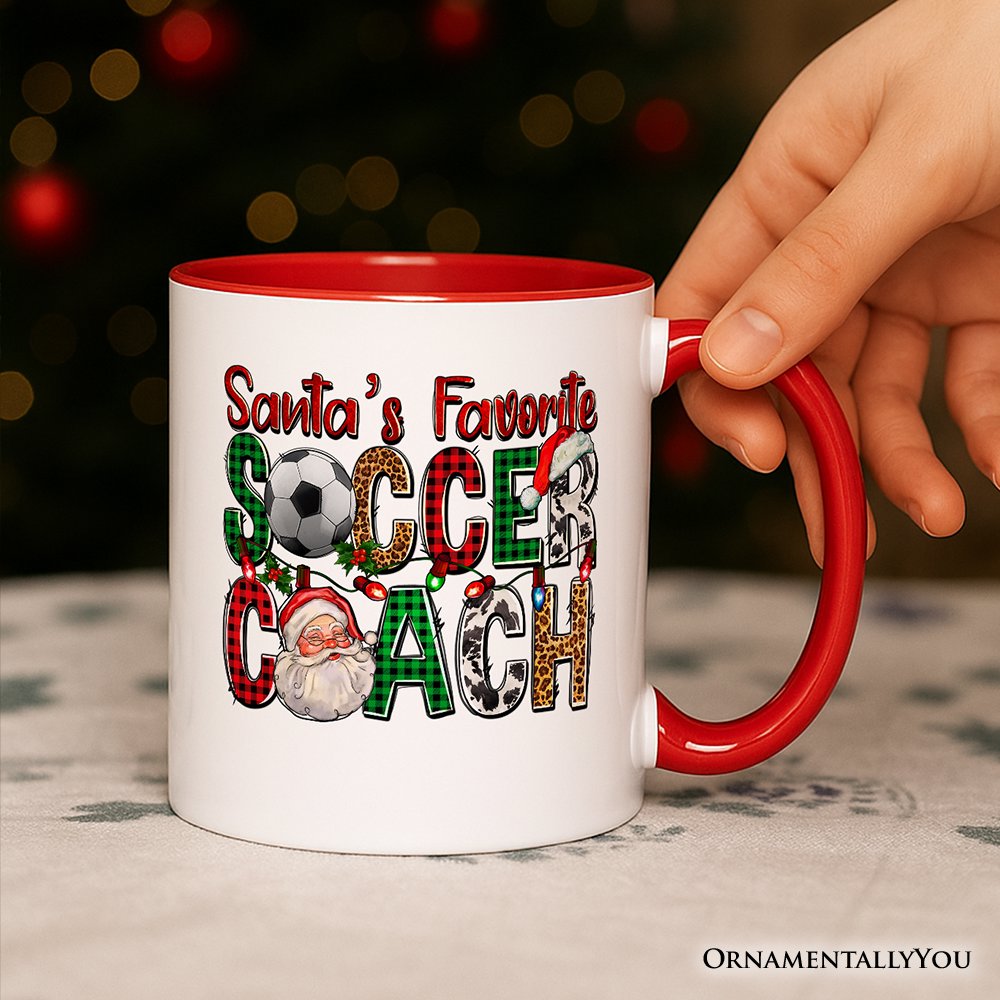Santa's Favorite Soccer Coach Personalized Mug, Plaid Christmas Football Gift with Custom Name