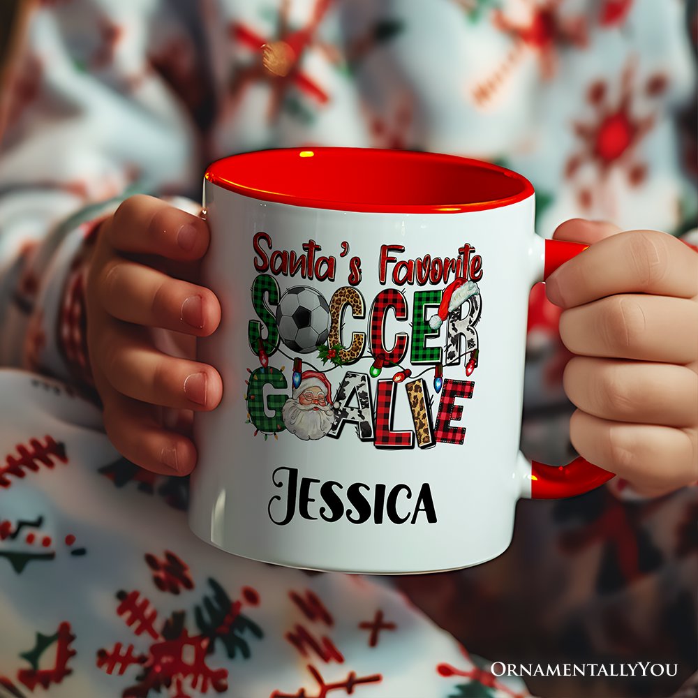 Santa's Favorite Soccer Goalie Personalized Mug, Plaid Christmas Football Gift with Custom Name