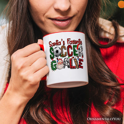 Santa's Favorite Soccer Goalie Personalized Mug, Plaid Christmas Football Gift with Custom Name