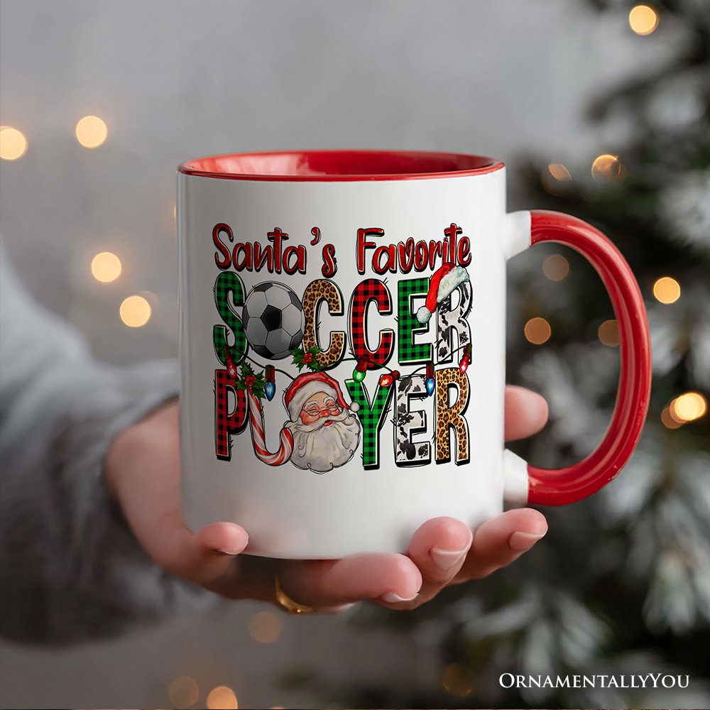 Santa's Favorite Soccer Player Christmas Plaid Personalized Mug, Football Gift with Custom Name