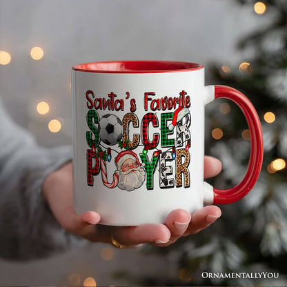 Santa's Favorite Soccer Player Christmas Plaid Personalized Mug, Football Gift with Custom Name