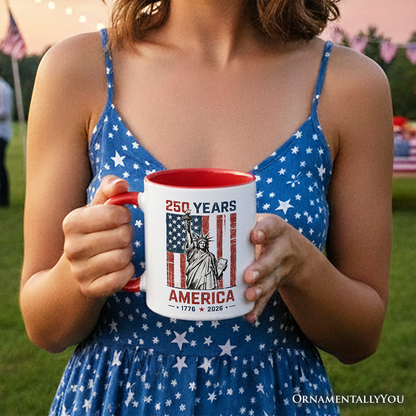 Statue of Liberty America Flag 250 Years Personalized Mug, 4th of July USA Patriotic 1776-2026 Gift with Custom Name