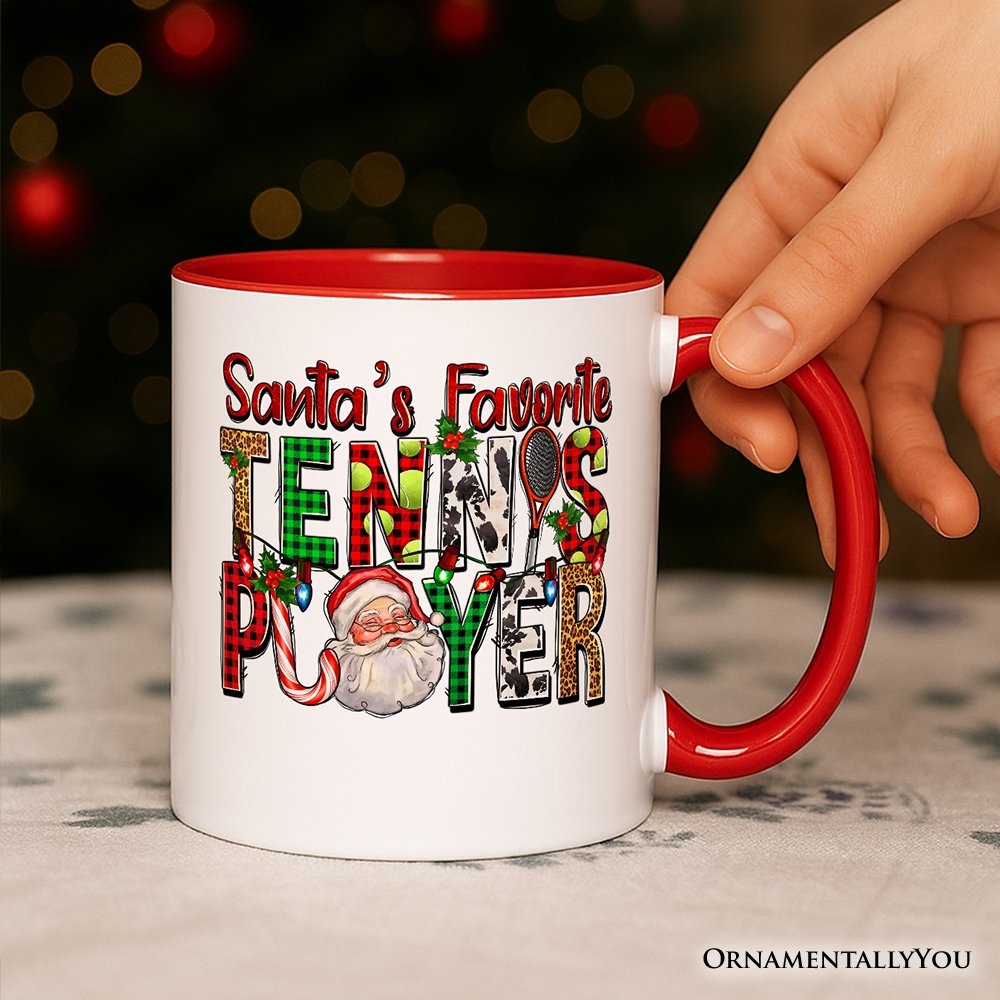 Santa's Favorite Tennis Player Personalized Mug, Plaid Christmas Athelete Gift with Custom Name