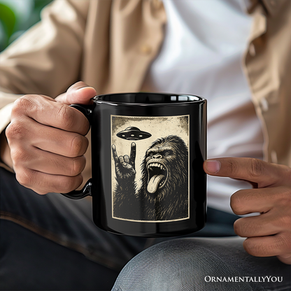 Bigfoot UFO Funny Personalized Mug, Rock and Roll Sasquatch Meme Gift with Custom Name