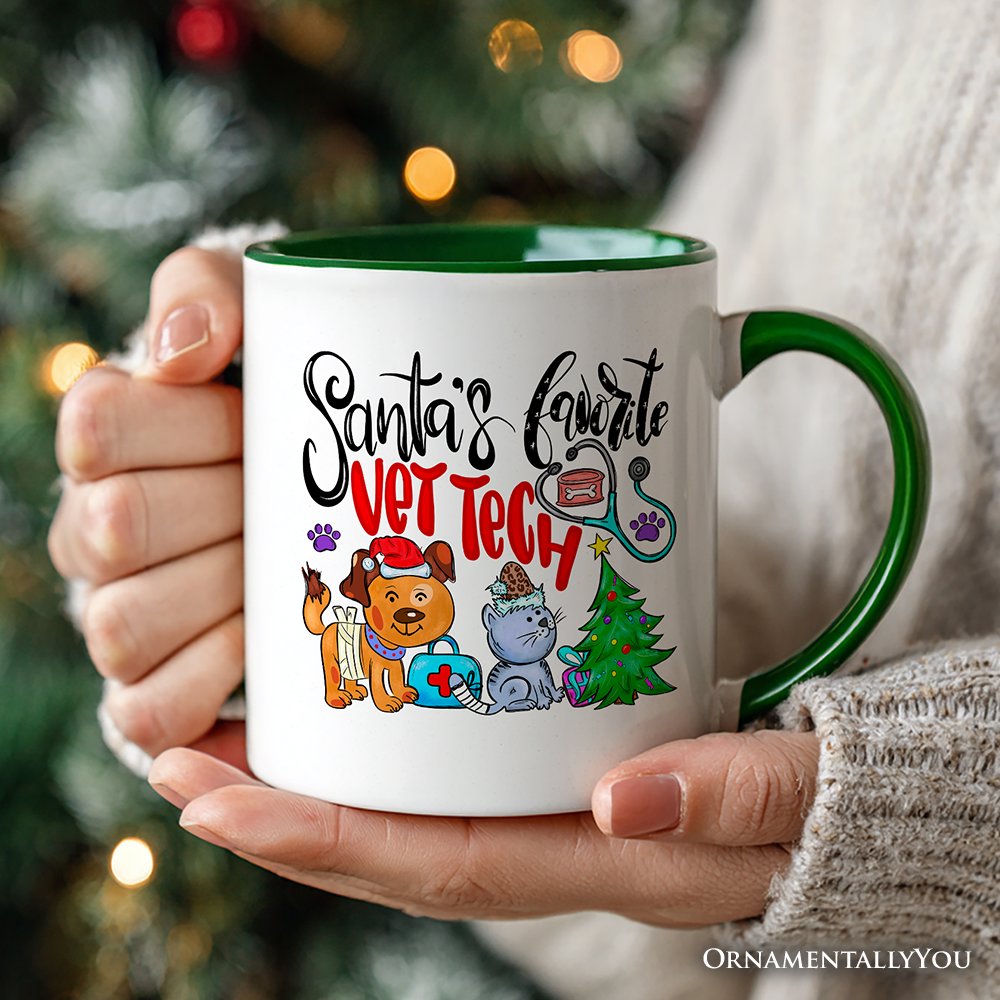 Santa's Favorite Vet Tech Christmas Personalized Mug, Appreciation Gift for Veterinary Technician with Custom Name