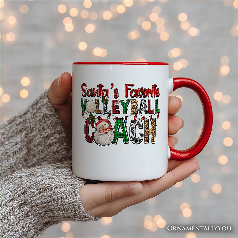Santa's Favorite Volleyball Coach Personalized Mug, Plaid Christmas Sports Gift with Custom Name