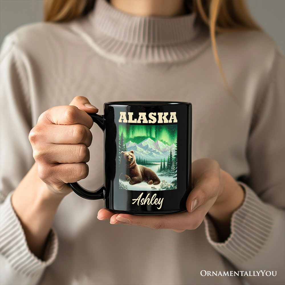 Majestic Alaska State Wilderness Vintage Personalized Mug, Northern Lights Grizzly Bear Gift and Nature Souvenir with Custom Name
