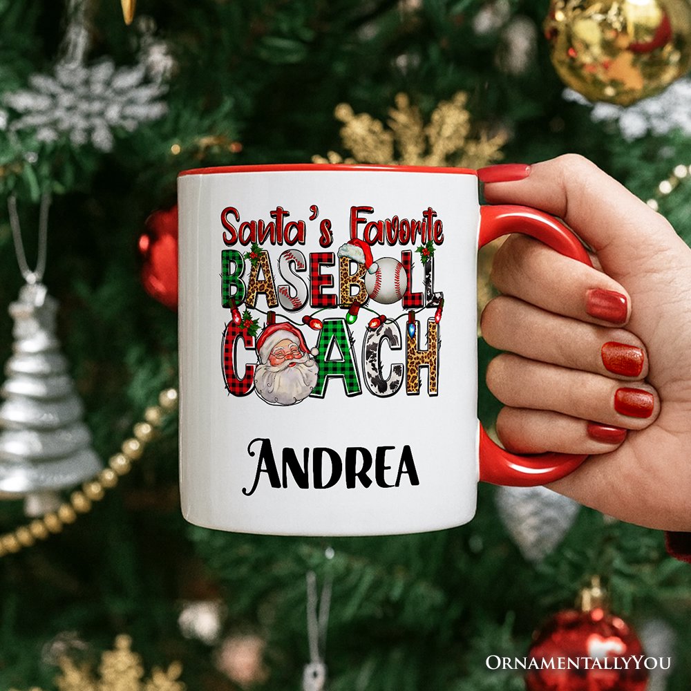 Santa's Favorite Baseball Coach Personalized Mug, Plaid Christmas Athelete Gift with Custom Name