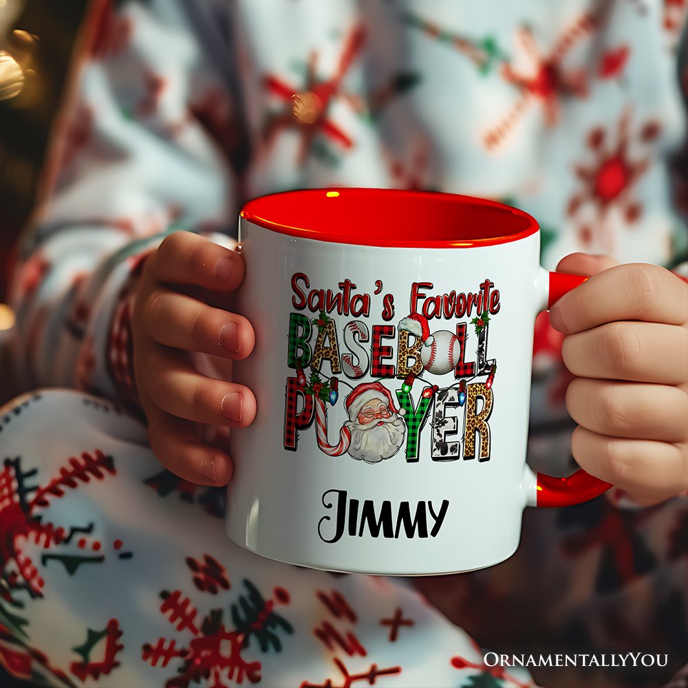 Santa's Favorite Baseball Player Personalized Mug, Plaid Christmas Athelete Gift with Custom Name