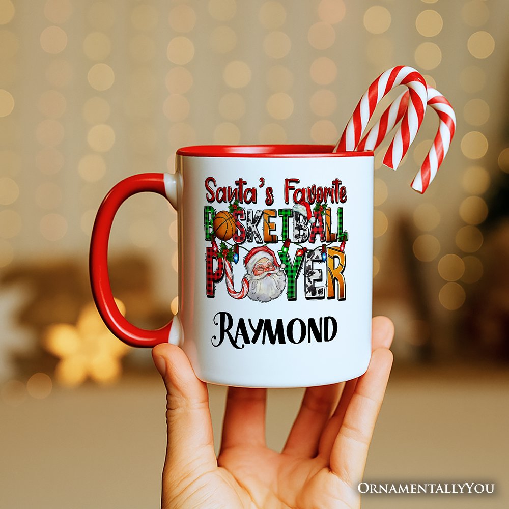 Santa's Favorite Basketball Player Personalized Mug, Plaid Christmas Athelete Gift with Custom Name