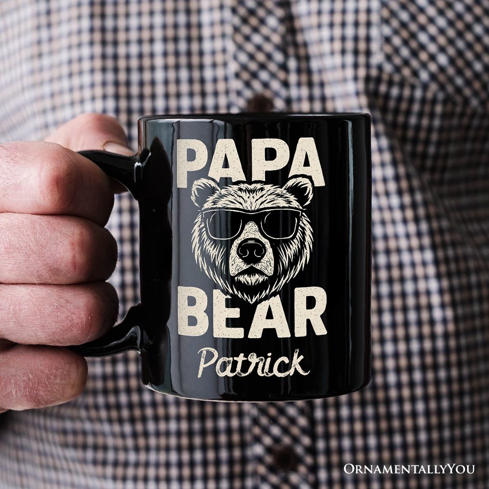 Papa Bear Sunglasses Personalized Mug, Black Vintage Gift with Custom Name for Cool Dads