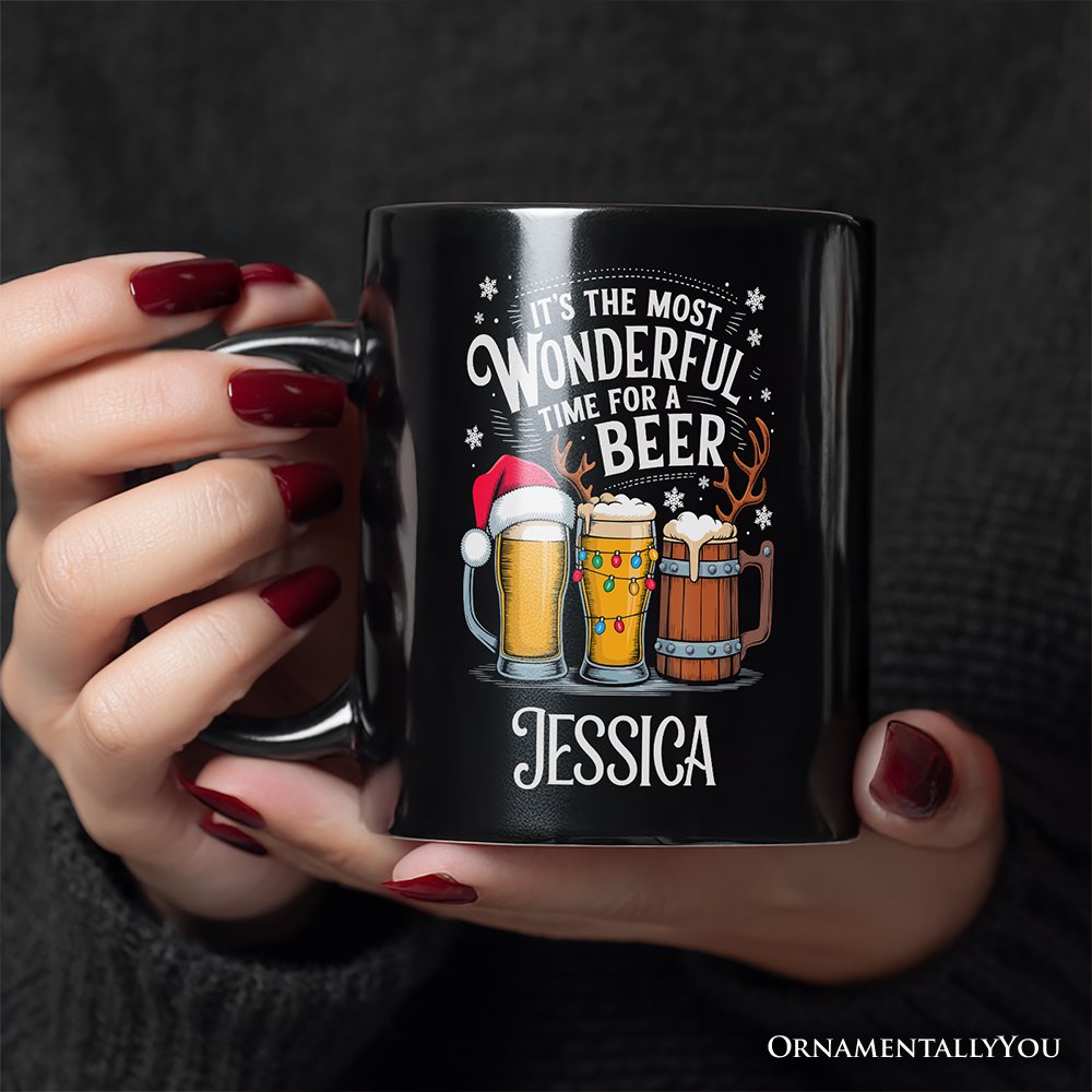 It's The Most Wonderful Time For a Beer Personalized Mug, Funny Holiday Beer Christmas Gift with Custom Name