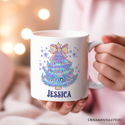 Light Blue Christmas Tree Bow Personalized Mug, Coquette Colorful Holiday Gift with Custom Name