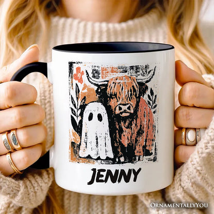 Highland Cow Ghost Fall Personalized Mug, Spooky Season Halloween Gift with Custom Name