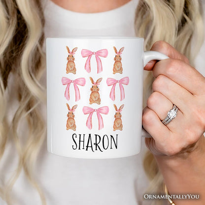 Coquette Bunny Pink Bow Easter Personalized Mug, Cute Girly Bunny Spring Gift with Custom Name