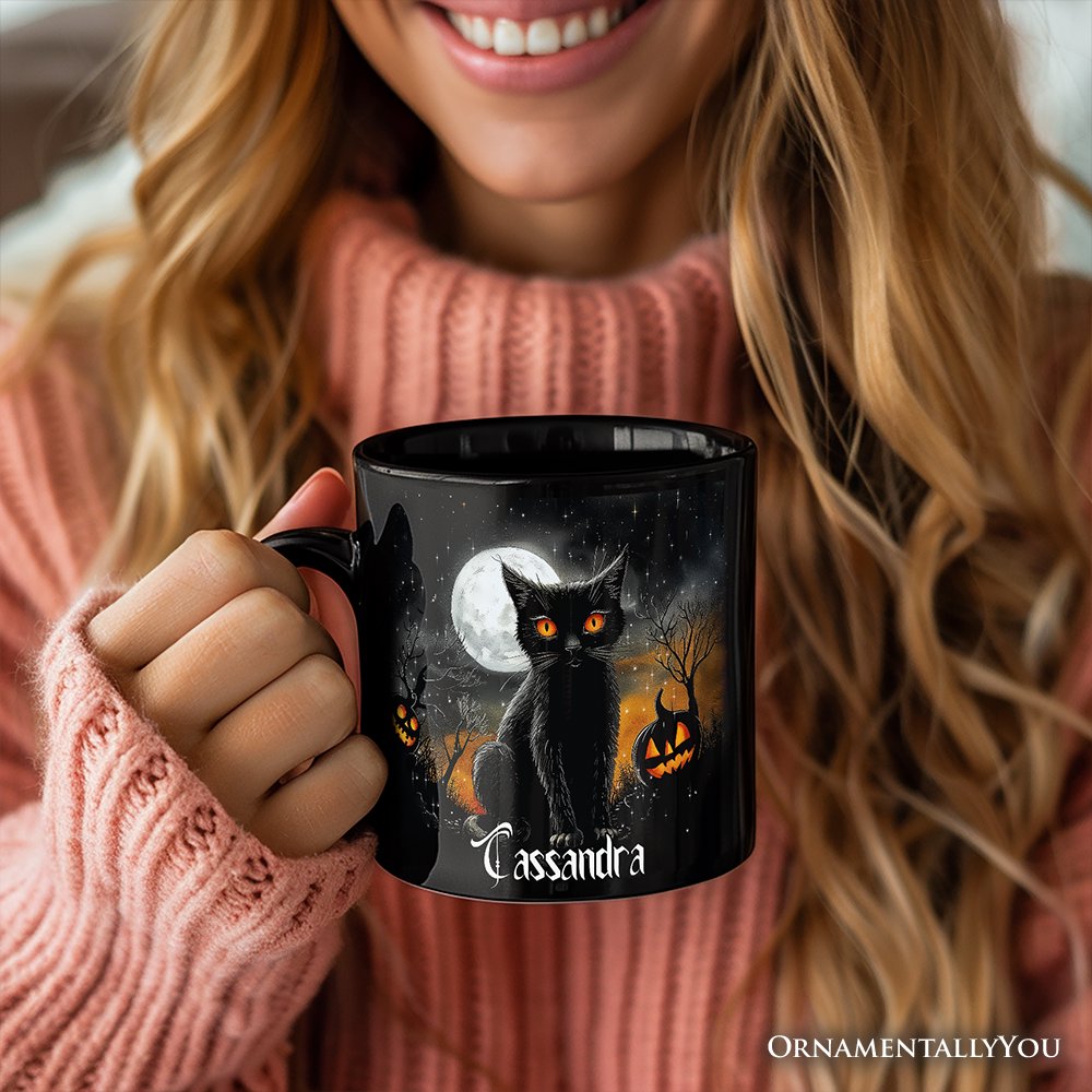 Cat Night Halloween Personalized Mug, Spooky Horror Gift with Custom Name