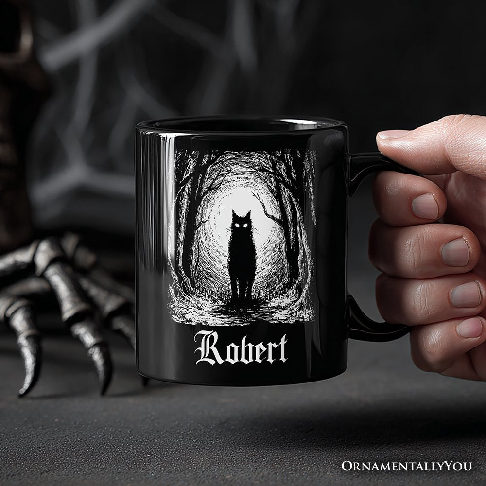 Haunted Forest Black Cat Personalized Mug, Spooky Halloween Night Gift with Custom Name