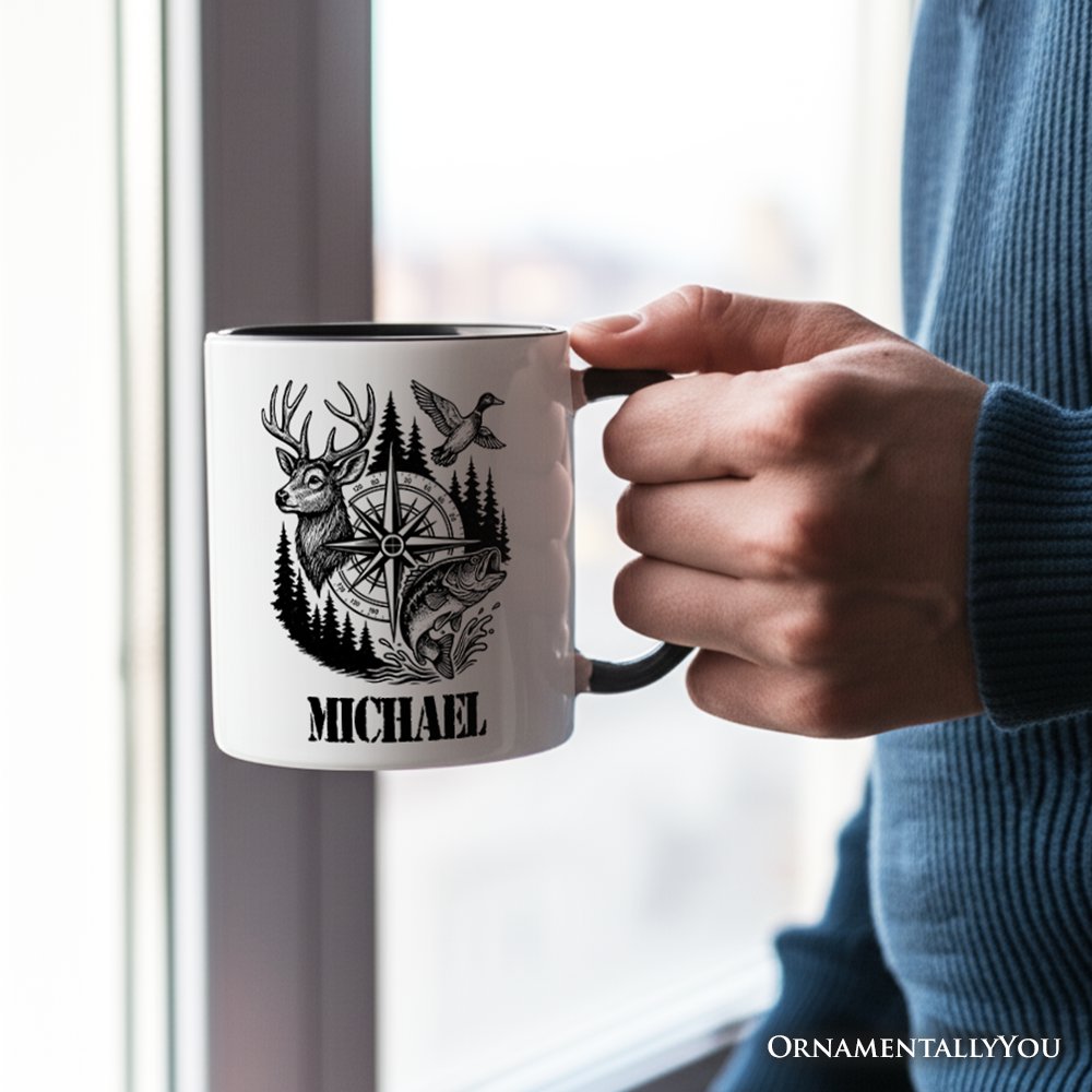Deer Duck Fishing Hunting Personalized Mug, Camo Vintage Compass Outdoors Gift with Custom Name