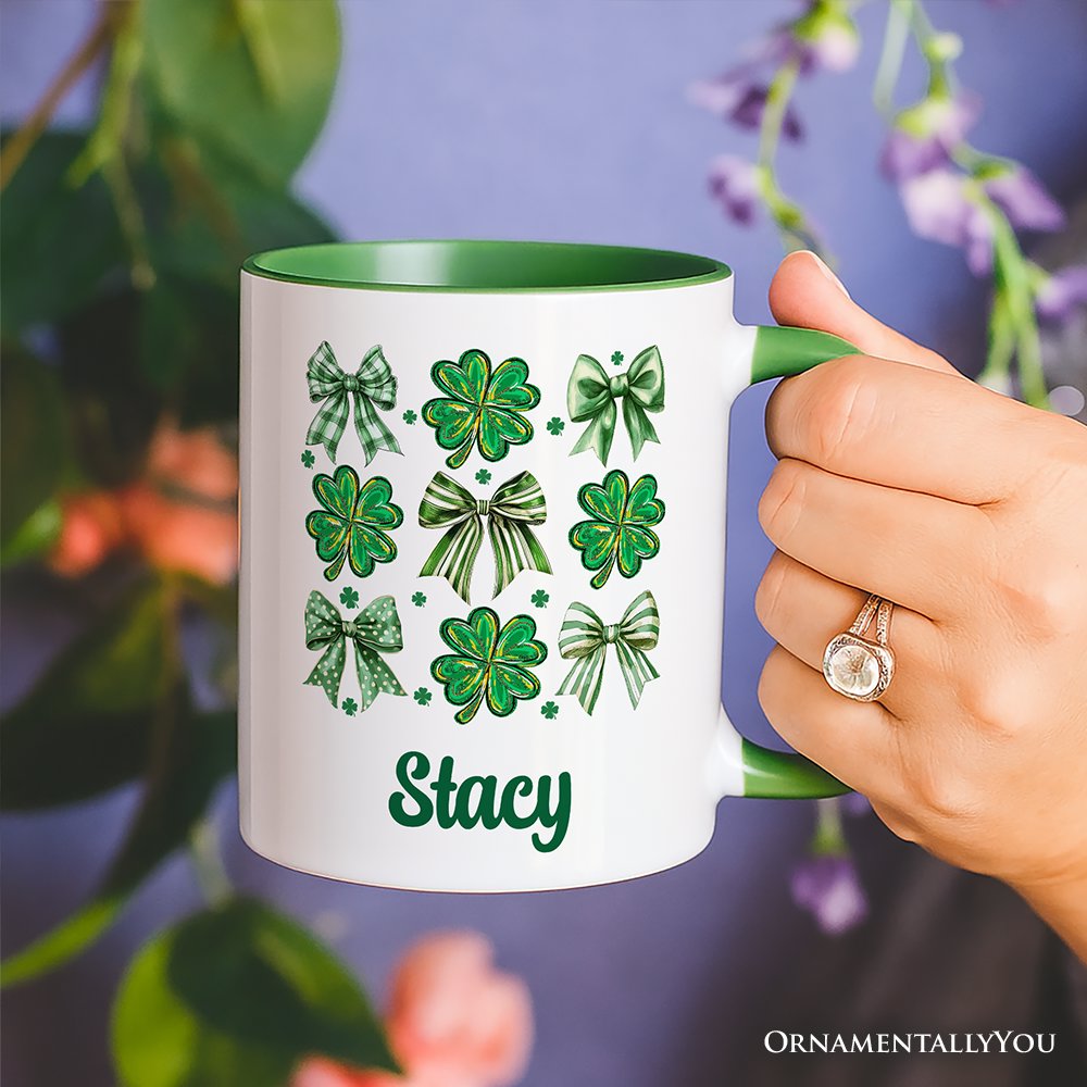 Coquette Clover Bows St Patrick's Day Personalized Mug, Green Irish Lucky Shamrock Gift with Custom Name
