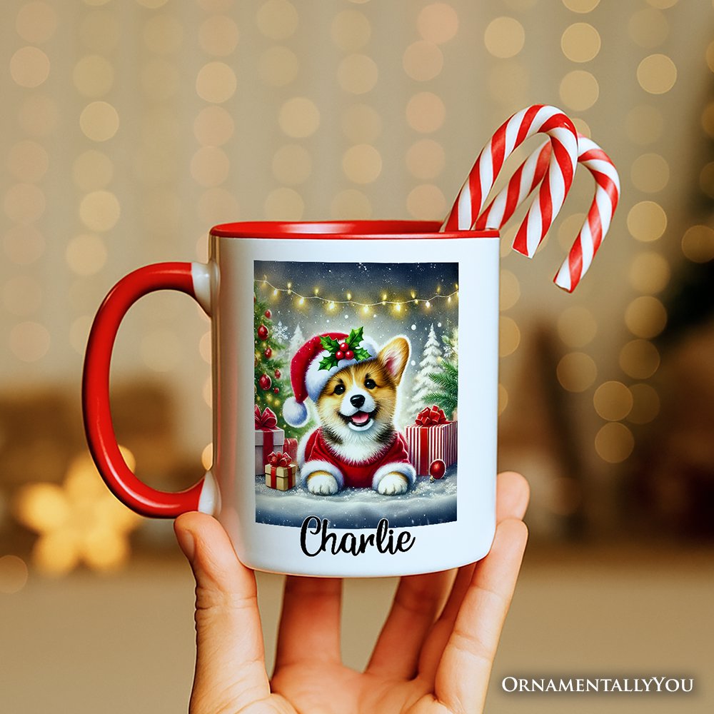Adorable Welsh Corgi with Santa Hat Personalized Mug, Jolly Christmas Gift with Custom Name