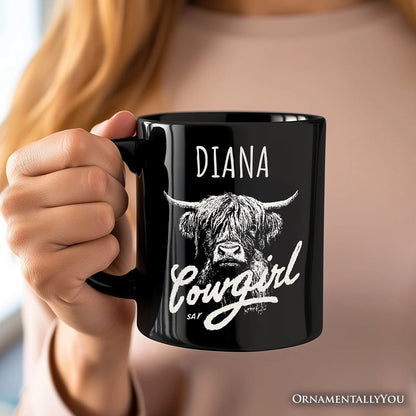 Highland Cow Vintage Cowgirl Personalized Mug, Western Country Gift with Custom Name