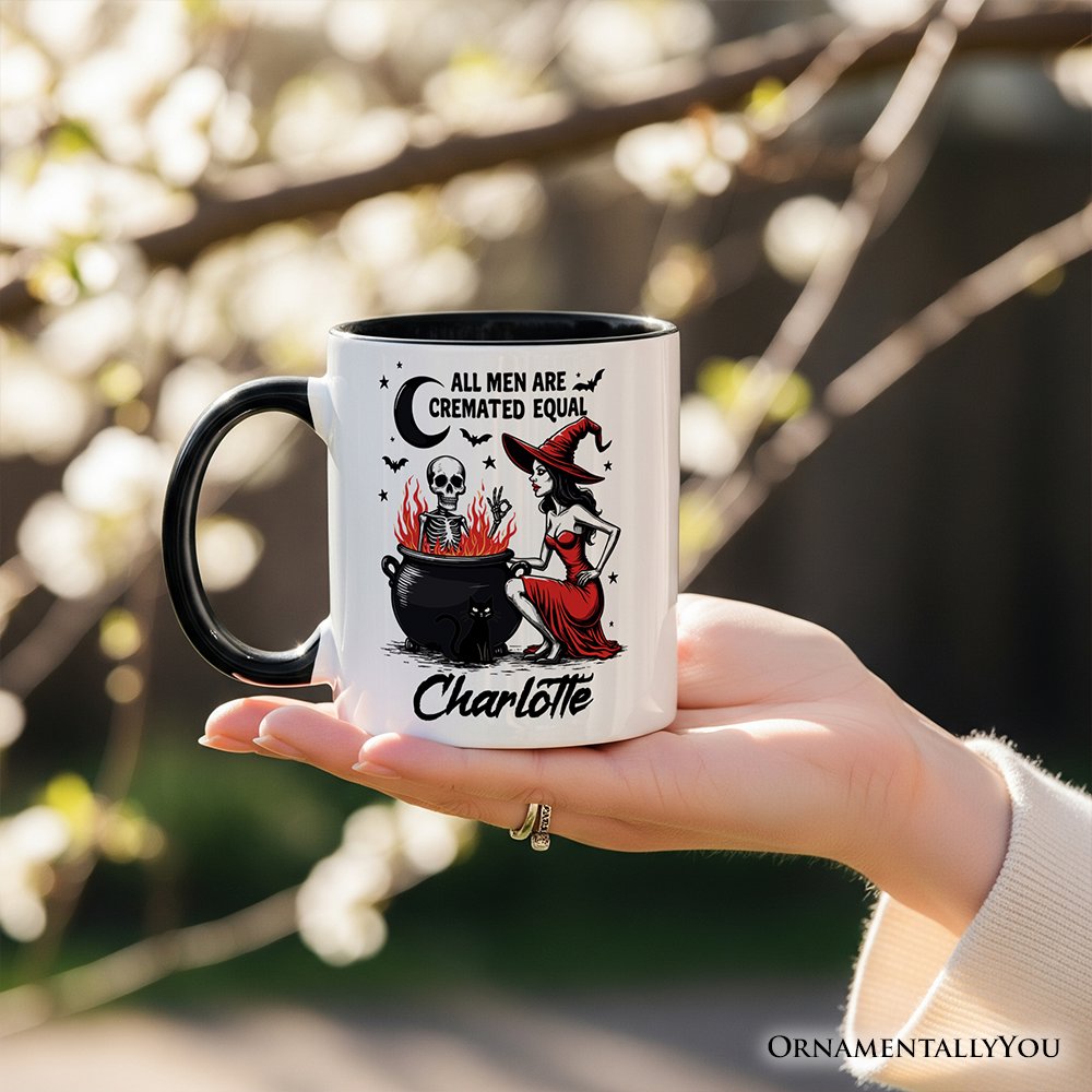 All Men Are Cremated Equal Halloween Personalized Mug, Funny Witch Cauldron Gift with Custom Nam