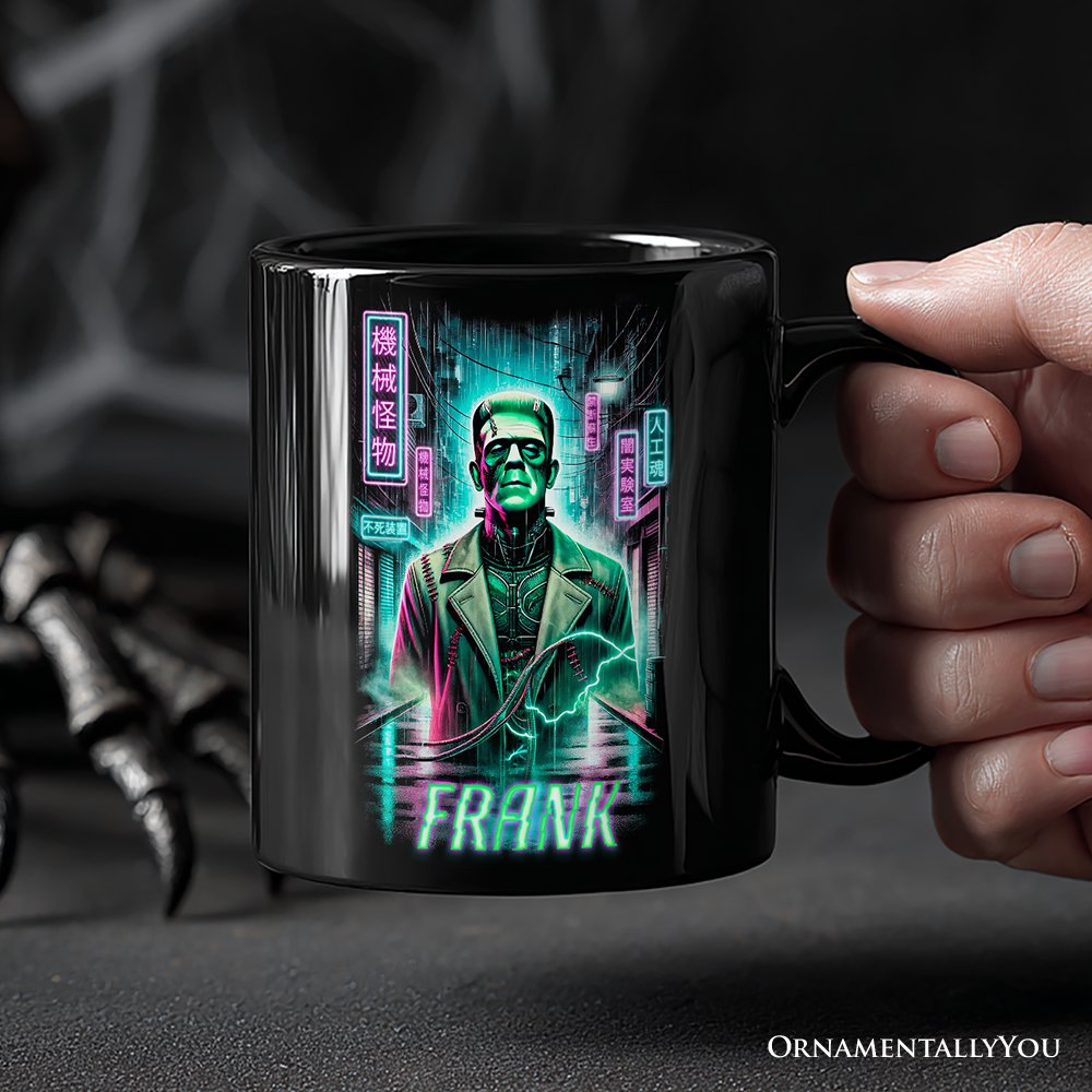 Cyberpunk Frankenstein Personalized Mug, Neon Halloween Monster Gift with Custom Name