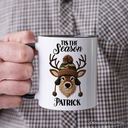 Deer Head Camo Hat Christmas Personalized Mug, Imitation Latch Hook Yarn Cozy Hunting Season Gift with Custom Name