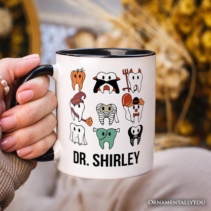 Spooky Halloween Dentist Personalized Mug, Teeth Monster Gift for Dental Crew with Custom Name