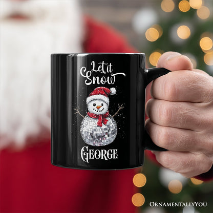 Disco Snowman Christmas Personalized Mug, Retro Holiday Gift with Custom Name for Dancers