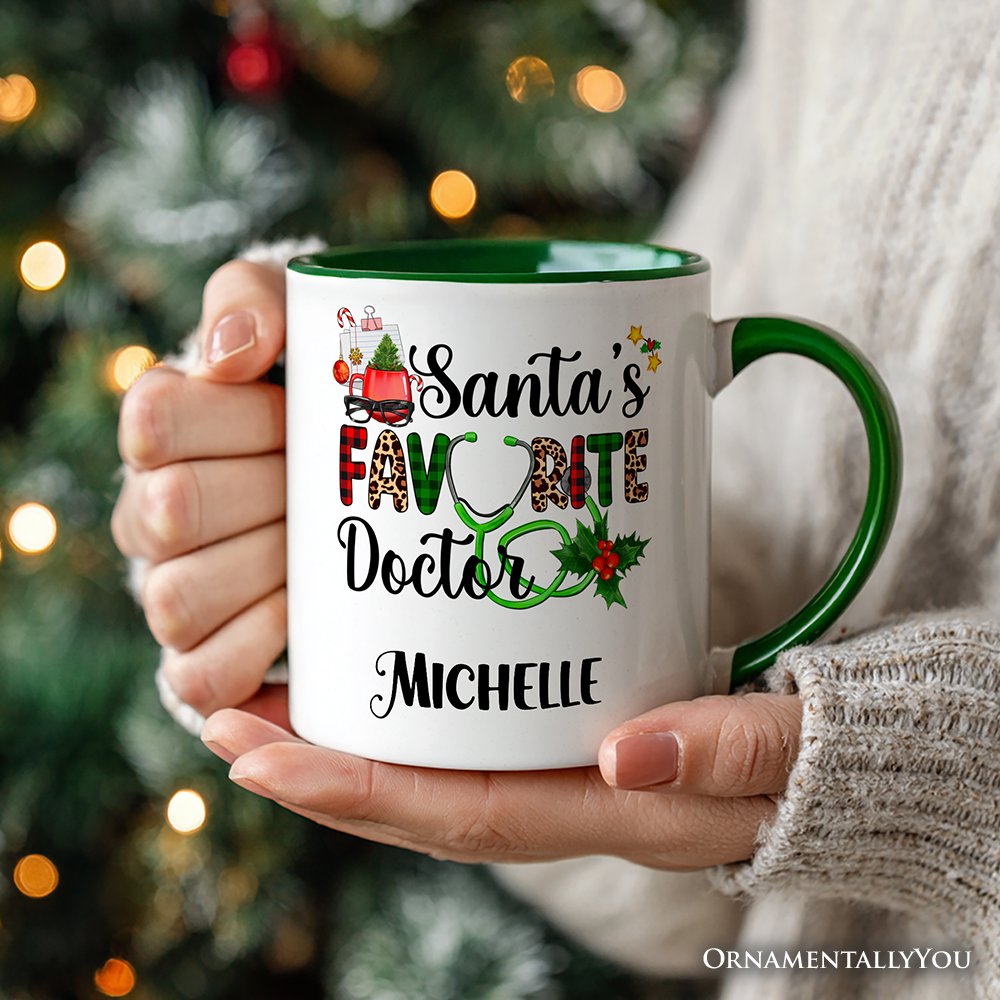 Santa's Favorite Doctor Christmas Personalized Mug, Appreciation Gift for Medical Worker with Custom Name