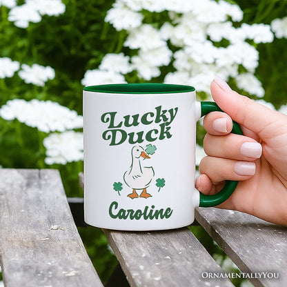 Lucky Duck St Patrick's Day Shamrock Personalized Mug, Cute Clover Gift with Custom Name
