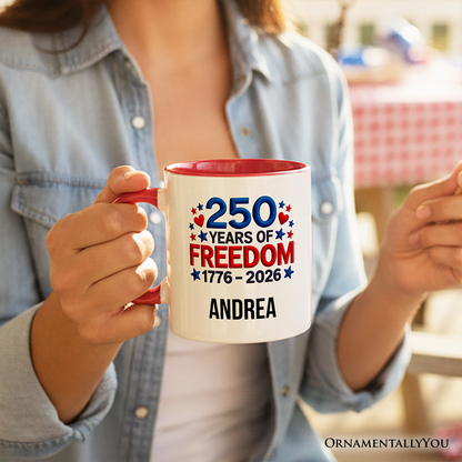 250 Years Freedom Faux Varsity Patch Personalized Mug, 4th of July USA Patriotic 1776-2026 Gift with Custom Name