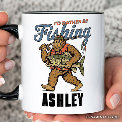 I'd Rather Be Fishing Bigfoot Personalized Mug, Funny Sasquatch Fishermen Gift with Custom Name