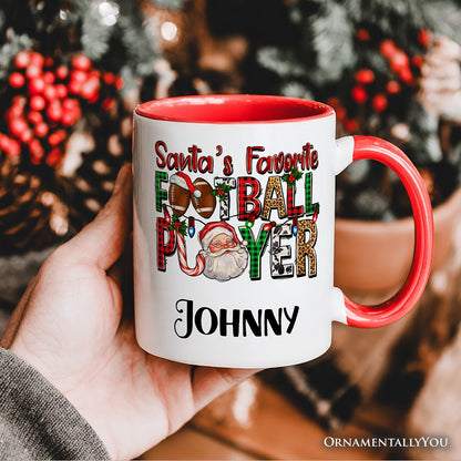 Santa's Favorite Football Player Personalized Mug, Plaid Christmas Athelete Gift with Custom Name