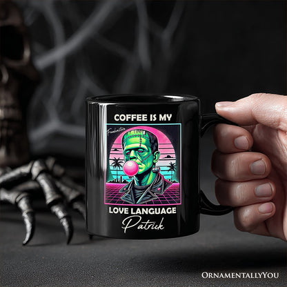 Vaperwave Frankenstein Retro Neon Horror Personalized Mug, Synthwave 80's Styled Classic Halloween Gift with Custom Name