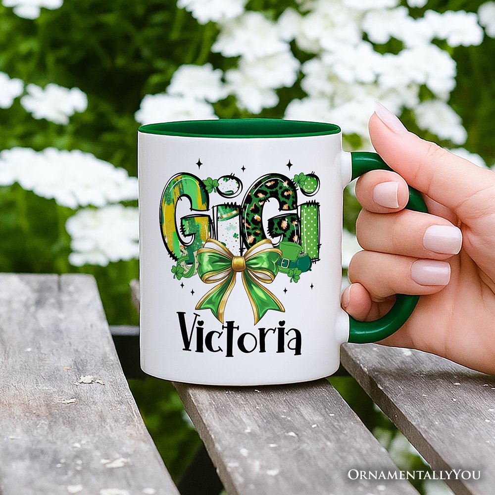 Coquette Gigi Bow St Patrick's Day Personalized Mug, Green Lucky Shamrock Clover Gift with Custom Name