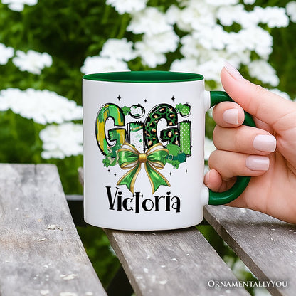 Coquette Gigi Bow St Patrick's Day Personalized Mug, Green Lucky Shamrock Clover Gift with Custom Name
