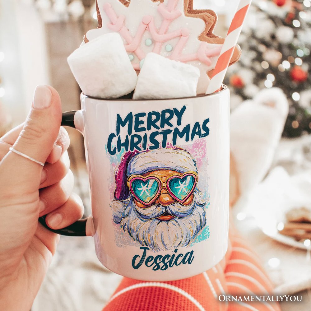 Merry Christmas Santa Sunglasses Christmas Personalized Mug, Funky Retro Holiday Gift with Custom Name
