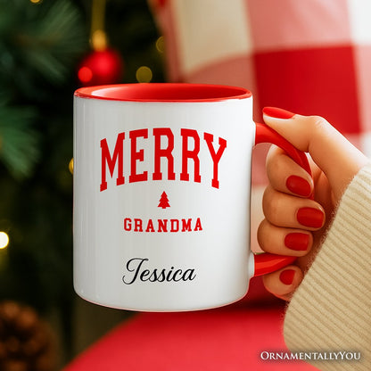 Merry Grandma Retro Christmas Personalized Mug, Matching Family Holiday Gift with Custom Name