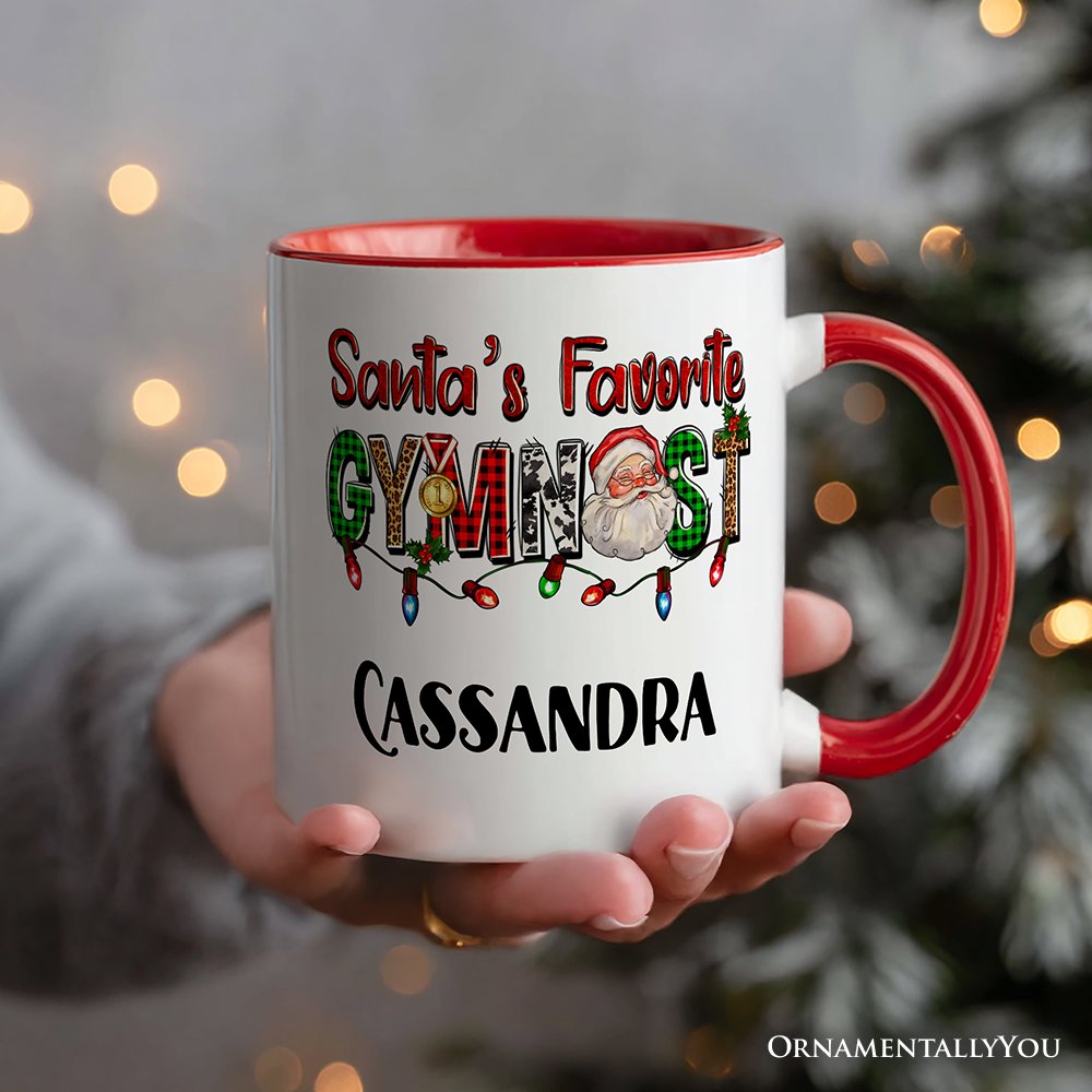 Santa's Favorite Gymnast Personalized Mug, Plaid Christmas Athelete Gift with Custom Name