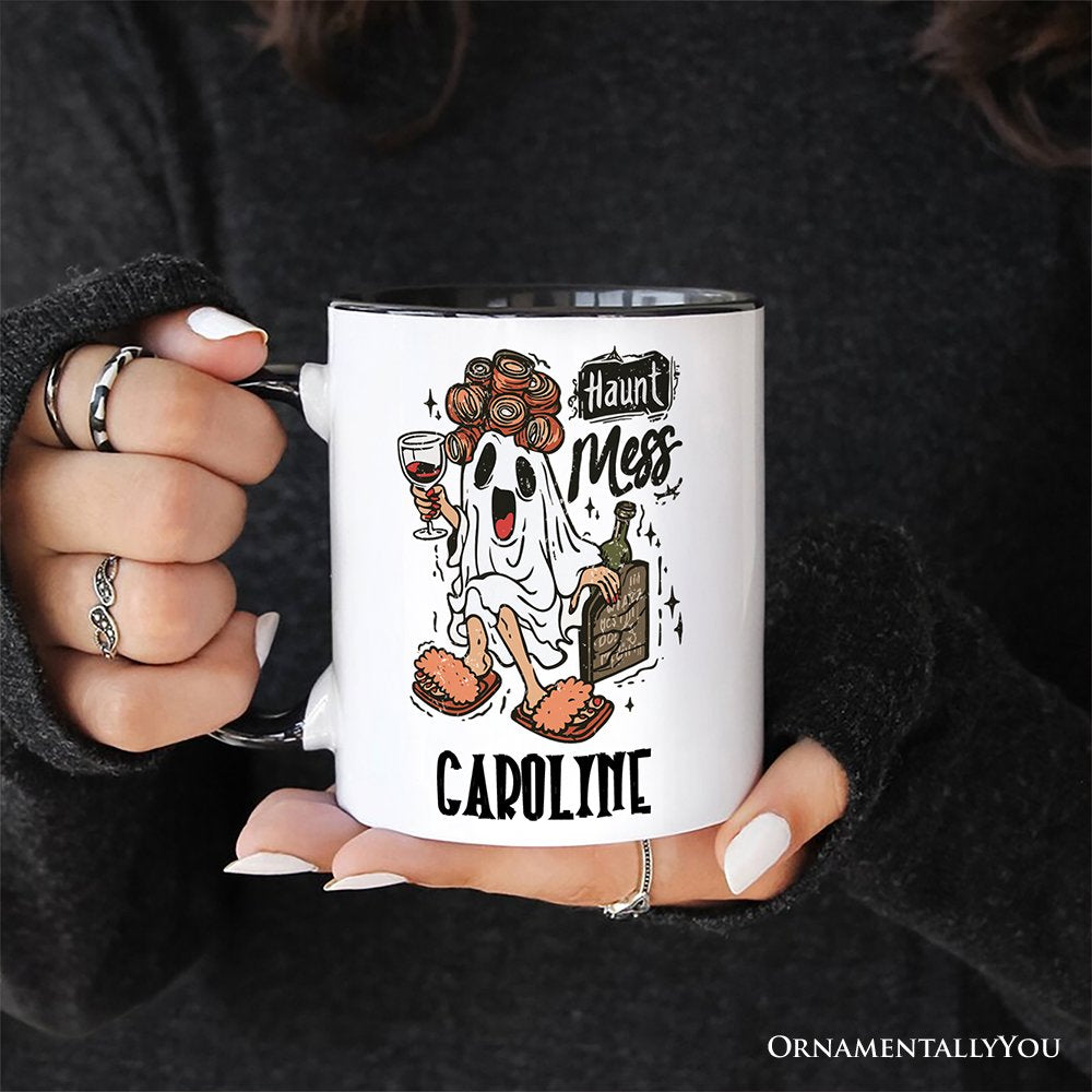 Haunt Mess Wine-Loving Ghost Personalized Mug, Funny Halloween Gift with Spooky Ghost and Custom Name