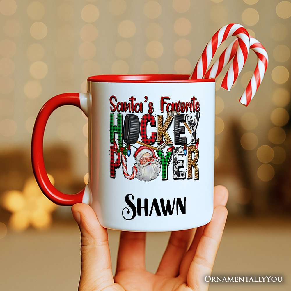 Santa's Favorite Hockey Player Personalized Mug, Plaid Christmas Athelete Gift with Custom Name