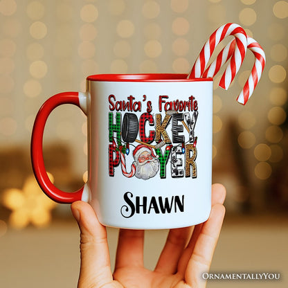 Santa's Favorite Hockey Player Personalized Mug, Plaid Christmas Athelete Gift with Custom Name