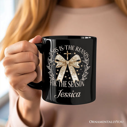 Jesus Is the Reason Christmas Personalized Mug, Coquette Gold Bow Cross Gift with Custom Name