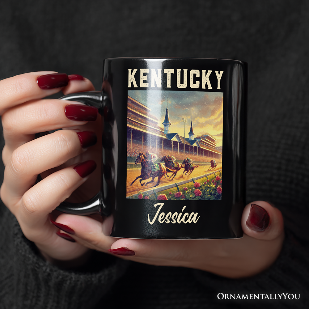 Iconic Kentucky State Horse Racing Personalized Mug, Churchill Downs Gift and Derby Heritage Souvenir with Custom Name