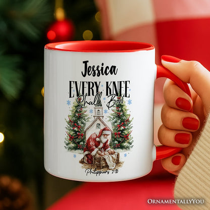 Every Knee Shall Bow Nativity Santa Personalized Mug, Jesus Philippians 2:10 Christian Christmas Gift with Custom Name