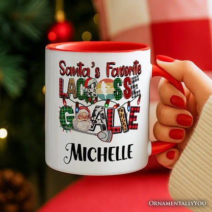 Santa's Favorite Lacrosse Goalie Personalized Mug, Plaid Christmas Athelete Gift with Custom Name